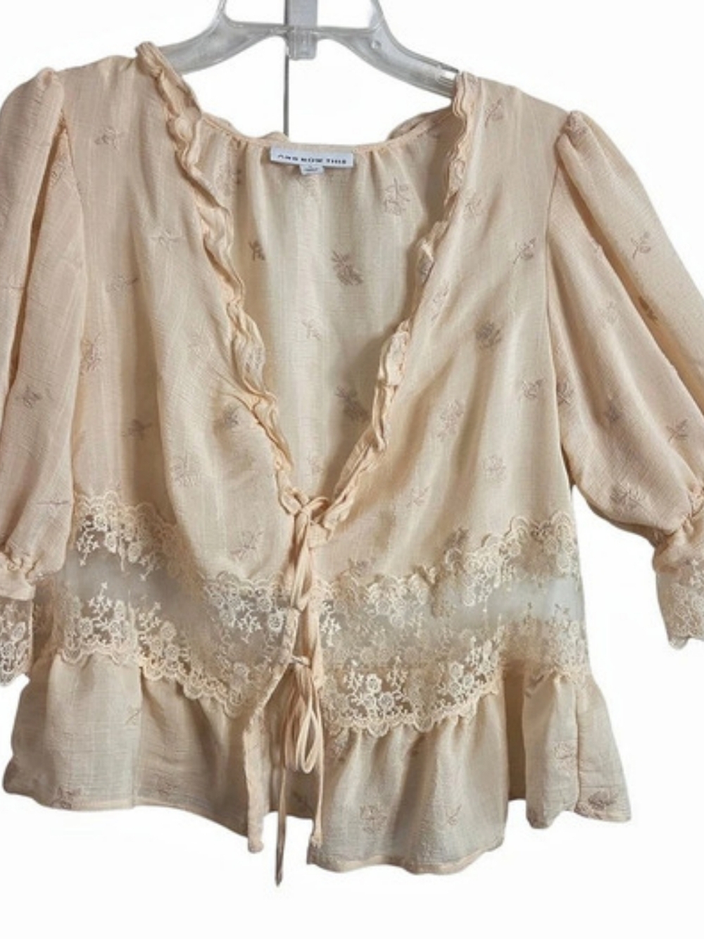 And Now This Women's Lace Trim Woven Top Blouse Cream Large